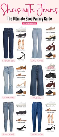 A visual guide for the best women's shoes for jeans of all kinds. Shoes For Jeans, Jeans Outfit Women, Types Of Jeans, Fashion Vocabulary, Jeans Outfit Casual, All Jeans, Everyday Fashion Outfits, Best Shoes, Casual Day Outfits