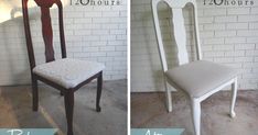 before and after photos of a dining room chair with upholstered seat cover on the back