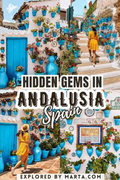 the cover of hidden gems in andalusa spain, featuring blue pots with flowers on them