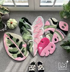 several pairs of slippers are on the floor next to plants and potted plants