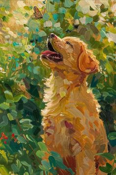 a painting of a golden retriever sitting in the grass looking up at a butterfly