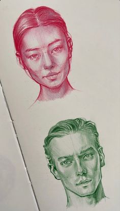 two colored pencil drawings of people's faces on white paper, one is red and the other is green