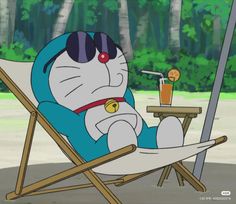 a cartoon character sitting in a lawn chair next to a drink on a small table