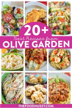 the 20 best recipes from olive garden are featured in this collage with text overlay