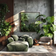 a living room filled with lots of green furniture and plants on the wall next to it