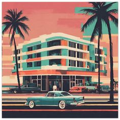 an old car parked in front of a tall building with palm trees on the side