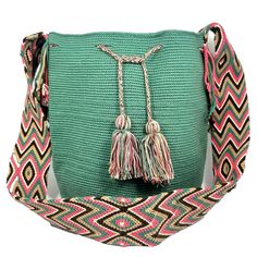 Wayuu Bag Backpack Bucket Shoulder Colombian Green & Multicolornew Handmade Green Summer Satchel With Adjustable Strap, Green Satchel With Adjustable Strap For Summer, Trendy Green Tote Backpack, Casual Green Bag With Detachable Strap, Green Bucket Bag For On-the-go, Casual Green Pouch-shaped Bucket Bag, Casual Green Pouch Bucket Bag, Casual Bucket Backpack For On-the-go, Casual Crochet Backpack With Adjustable Strap