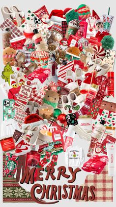 a large pile of christmas stickers on top of a white background with the words merry christmas