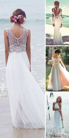 the back of a woman's wedding dress with flowers in her hair, and on the beach