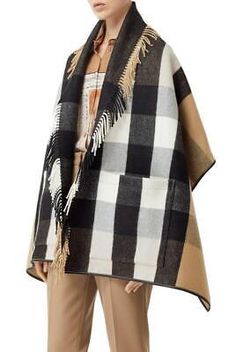 Cashmere Cape, Cape Jacket, Wool Cape, Fringed Poncho, Poncho Cape, Check Pattern, Plaid Scarf, Vest Jacket, Scarf Wrap