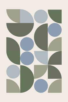 an abstract geometric design with blue, green and gray circles on a white wallpaper