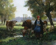 a painting of a woman standing next to cows in a field with trees and grass