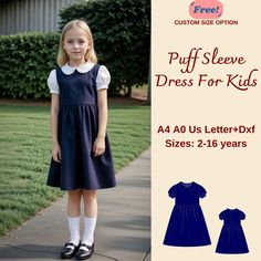 Kid's Peter Pan Collar Gathered Dress Sewing Pattern, Puff Sleeve Girl Dress Pattern, Girl's Dress Sewing Pattern, A4 A0 US DXF, 2-16 years These patterns are suitable for A4, A0, and US Letter size papers. As soon as your payment is processed, you will automatically receive download links for the pattern files. This is a digital product and not a finished item. You will receive zip files containing the patterns and sewing instructions. If you have any questions, do no hesitate to contact! Peter Pan Collar Pattern, Pattern Puff Sleeve, Peter Pan Dress, Girls Dress Sewing Patterns, Girl Dress Pattern, Frilly Dresses, Gathered Dress, Sewing Patterns For Kids, Collar Pattern