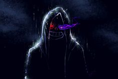 a person with a hoodie and red eyes in the dark