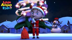 a little boy standing in front of a christmas tree with snowman next to it