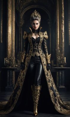 Black And Gold Fantasy Outfit, Regal Outfits For Women, Queen Dress Royal Fantasy, Gaming Wedding, Gothic Attire, Gothic Mini Dress, Futuristic Elegance, Aesthetic Plaid, Royal Outfit