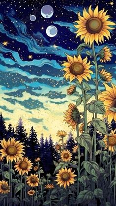 the sunflowers are blooming in the night sky