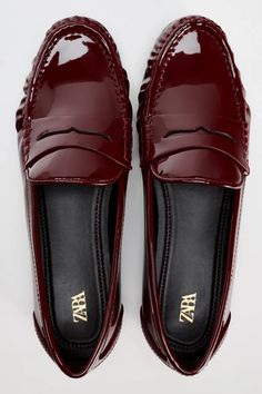 FAUX PATENT LEATHER PENNY LOAFERS - Burgundy Red | ZARA United States Flat Patent Leather Loafers For Work, Flat Patent Leather Loafers For Office, Trendy Patent Leather Loafers For Business, Business Patent Leather Flat Loafers, Zara Classic Flat Loafers, Trendy Patent Leather Loafers With Flat Heel, Trendy Zara Loafers For Office, Trendy Patent Leather Flat Loafers, Red Loafers Women