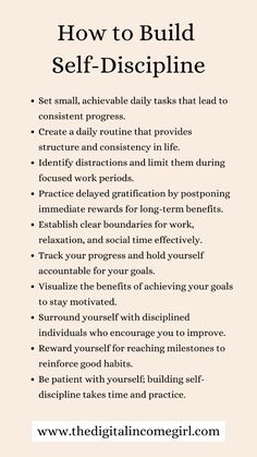 Building self-discipline is essential for achieving personal goals and enhancing personal improvement. These ten strategies provide practical ways to cultivate self-discipline through small, achievable tasks, accountability, and surrounding yourself with supportive individuals. By following this personal development plan, you’ll gain the confidence to make lasting changes in your life. Discipline For Women, How To Master Self Discipline, Tips For Discipline, How To Change Behavior, How To Build Discipline And Consistency, Practice Self Discipline, How To Learn Self Discipline, How To Gain Self Control, How To Develop Discipline