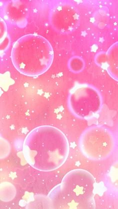 bubbles and stars are floating in the air on a pink background with white stars around them