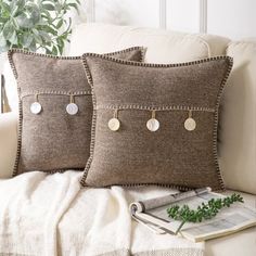 two decorative pillows on a couch next to a plant