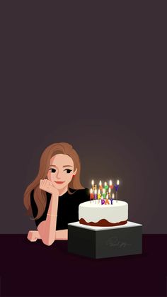 a woman sitting in front of a birthday cake with lit candles