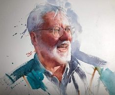 an older man with glasses and a blue shirt is shown in this artistic watercolor painting