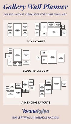 the gallery wall planner is shown in three different colors and sizes, including one for each room