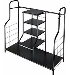 a black metal shelf with three shelves on each side and two steps up to the top