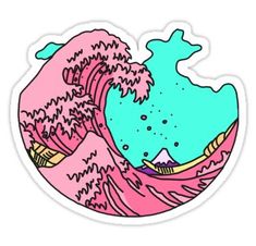 a pink and blue sticker with an image of a large wave in the ocean