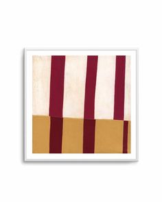 an abstract painting with red and yellow stripes on it's edges, in a wooden frame