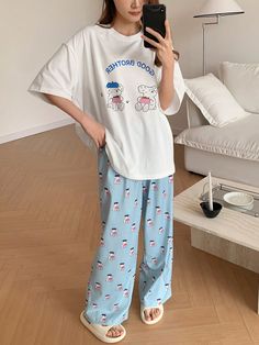 Women's Cute Cartoon Bear & Letter Print Round Neck Short Sleeve White Top And Loose Long Pants Pajama Set White     Cartoon  Non-Stretch Summer Women Sleep & Lounge, size features are:Bust: ,Length: ,Sleeve Length: Over Sized T Shirt Pajamas, Cheap Gray Short Sleeve Sets, Cheap Kawaii Summer Sets, Cheap Green Playwear Sleepwear, Cheap Casual Sets With Heart Print, Pajamas Teen Target, Cute Pjs For Teens Long Pants, Cheap White Kawaii Sweatshirt, Cheap Summer Pajama Shorts With Pockets