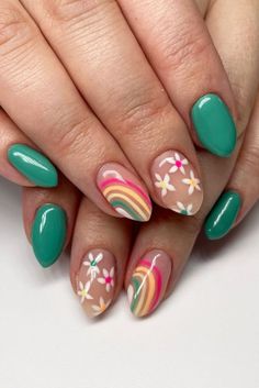 Sweet Floral & Rainbow Nails Easter Nail Designs, Easter Nails, Rainbow Nails, Nail Arts, Flower Nails, Cute Acrylic Nails