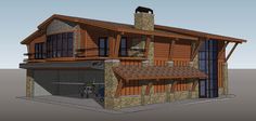 a 3d rendering of a log cabin house