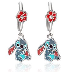 cute little blue and red bunny earring with flowers on each side, set in sterling steel