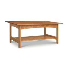 a wooden coffee table with one shelf on the bottom and two shelves below it, against a white background