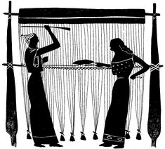 two women standing in front of a weaving machine, one holding a piece of cloth