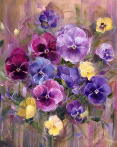 an oil painting of pansies in a vase