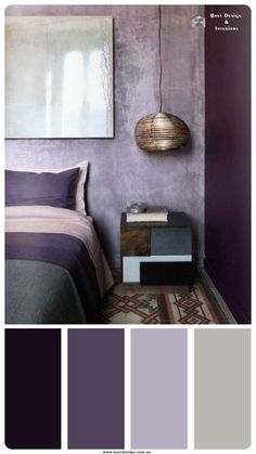 a bedroom with purple and grey walls, carpeted flooring and a painting on the wall