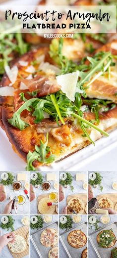 the steps to make an arugula flatbread pizza are shown in this collage