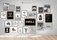 there is a wall with many pictures on it and the words chill are in black and white