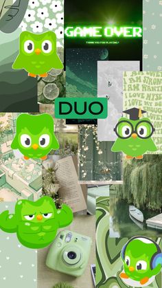 an image of a collage with green birds and words that say, game over