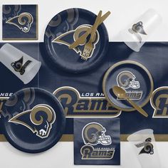 rams party supplies including plates, napkins and cups