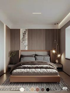 a large bed sitting in the middle of a bedroom next to a wall mounted painting