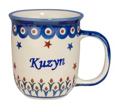 a blue and white coffee mug with the word ciccia on it's side