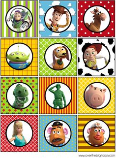 an assortment of cartoon character stickers on a sheet of paper with polka dots and circles