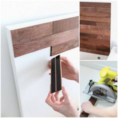 three pictures showing how to make a headboard out of plywood and wood planks