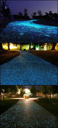 two pictures of the same path at night and one with blue lights on it in different directions