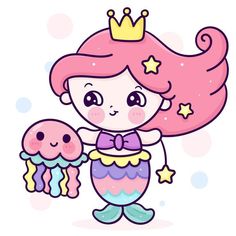 a little mermaid with pink hair and a crown holding a jelly fish in her hand