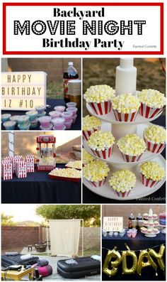 a movie night birthday party with popcorn, cake and cupcakes on the table